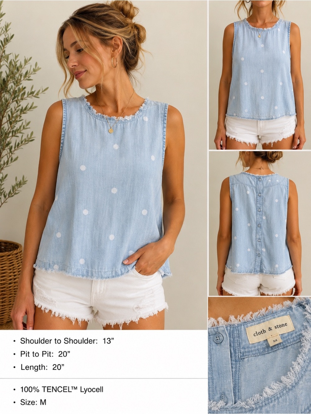 Cloth & Stone Chambray Polka Dot Sleeveless Top Size M | 100% Tencel Lyocell